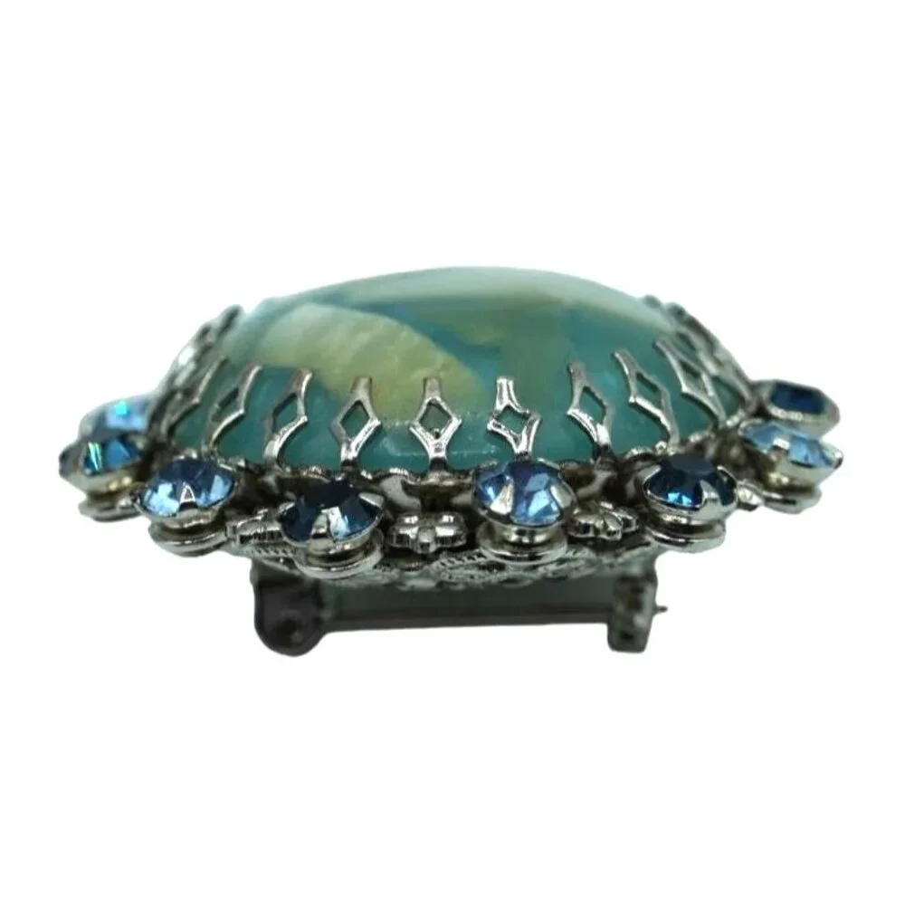 Vintage Rhinestone Set Confetti Lucite Brooch Earrings Blue Green Fleur de Lis C